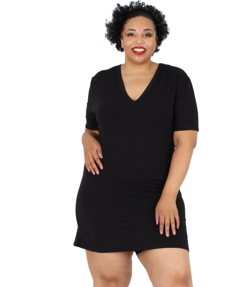 Front of a model wearing a size L/XL Lux Cotton T-Shirt Dress in Black by Undersummers. | dia_product_style_image_id:243602